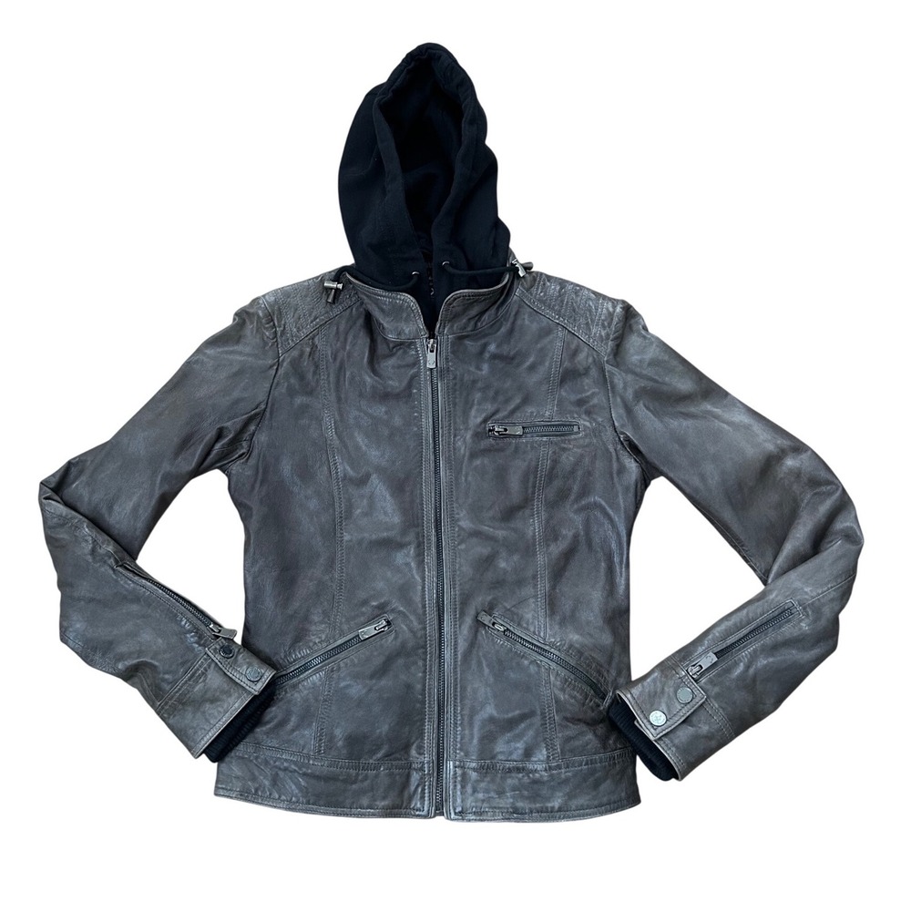 Bod & christensen gray leather roxanne hooded jacket small detachable‎ biker S